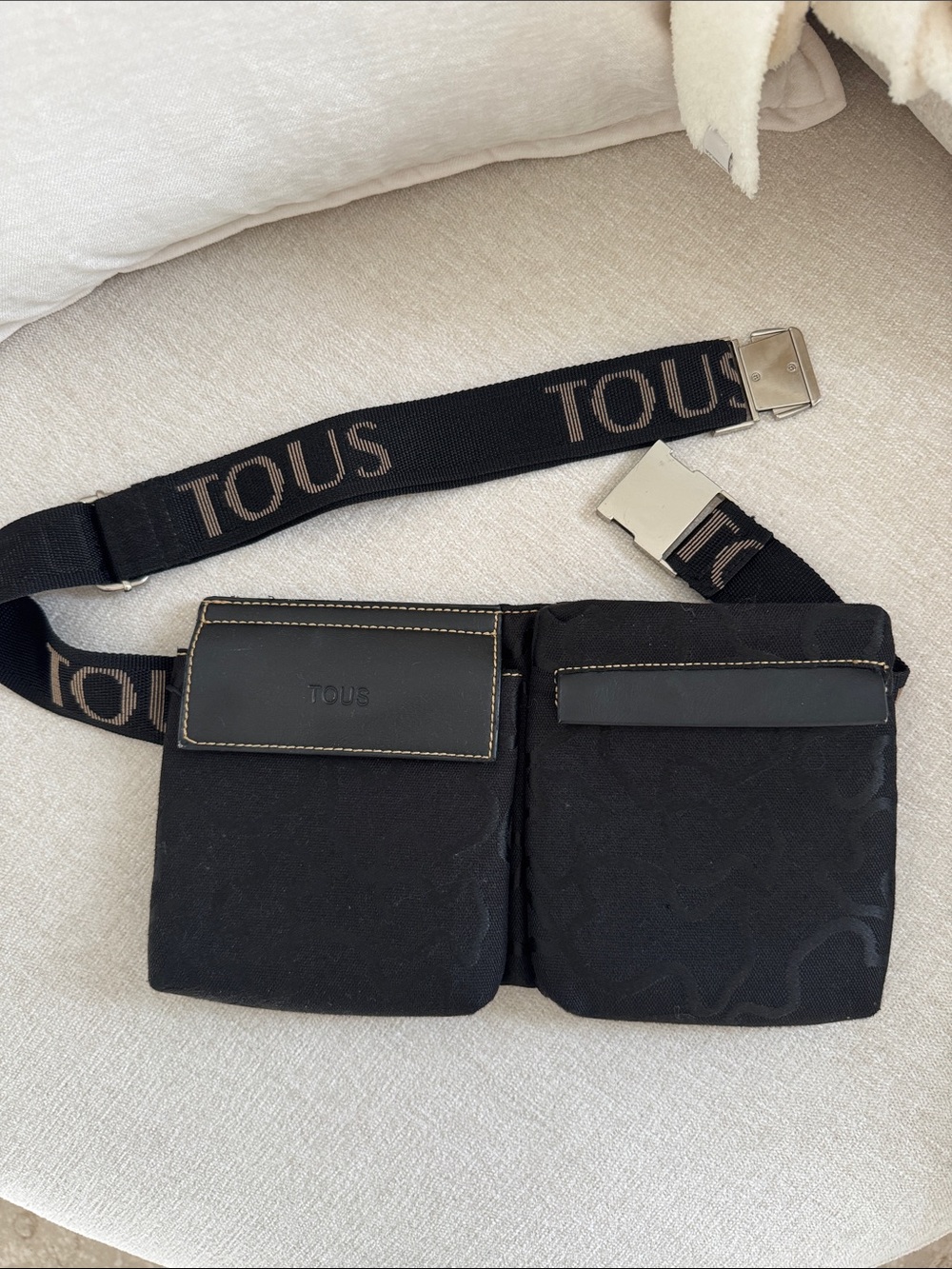 TOUS Black Dual-Pouch Belt Bag with Branded Webbing Fannypack